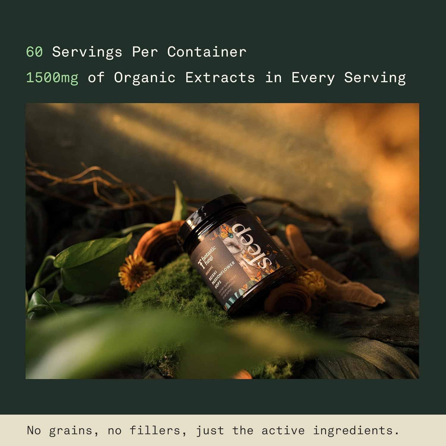 Mushroom Supplement with Reishi, Passionflower & Hops extracts - Sleep Supplements for Adults, Adaptogenic Capsules, 100% USDA Organic Mushrooms Complex - Vegan - Glass Jar, 120 Caps, 2 Month Supply