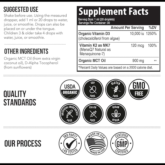 Organic Plant D3 K2 vitamin 10000 iu - All-Trans MK7 from MenaQ7 (120 mcg K2) - 100% Organic & Plant-Based Sublingual D3 Drops 10,000 iu (Cholecalciferol), 100% Vegan - Supports Immunity, Bone, Brain
