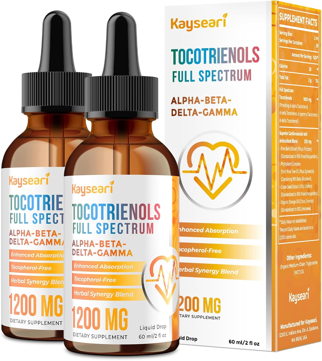 Full Spectrum of Tocotrienols Supplement 1200mg- Tocotrienol Vitamin E Liquid,Tocopherol-Free - Superior Antioxidant Blend - Higher Absorption - 2 Pack