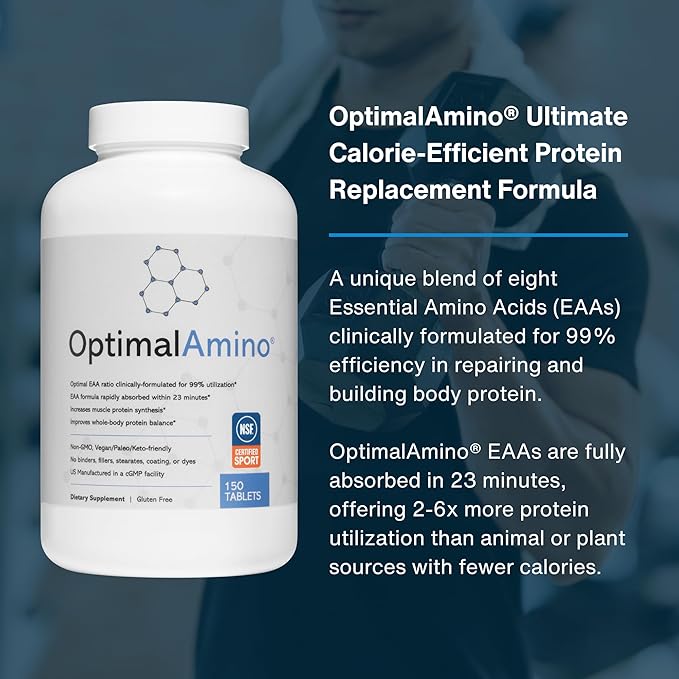 OptimalAmino Tablets (150 Count) | 99% Utilized Essential Amino Acid (EAA) Supplement, Increase Muscle Recovery, BCAA Protein Pre/Post Workout | NSF Certified for Sport® Certified