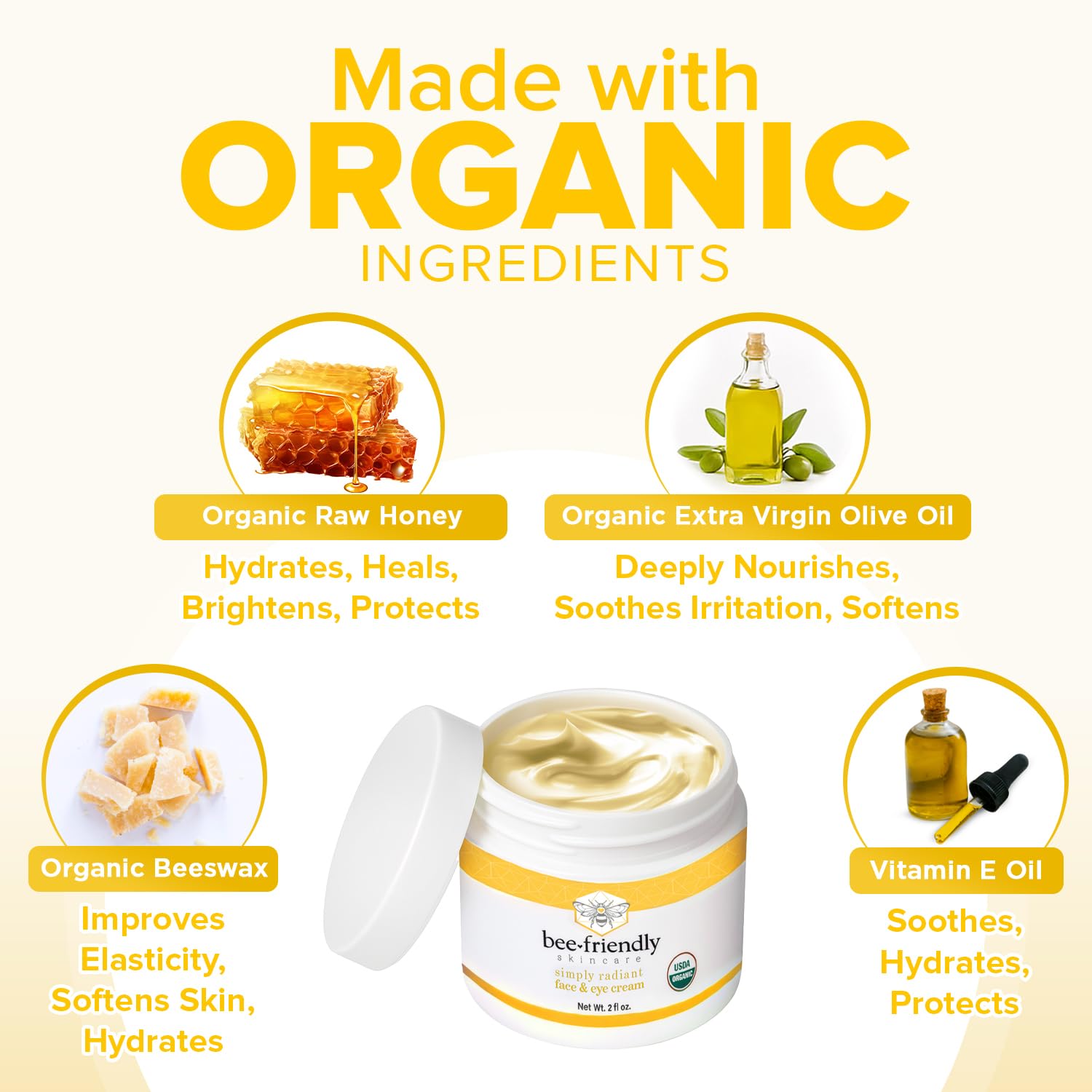 BeeFriendly Organic Face and Eye Cream, USDA Certified Organic Facial Moisturizer, All In One Natural Face, Eye, Neck, Decollete Cream Reduces Wrinkles & Lines, 6 oz (3 Jars in a box)