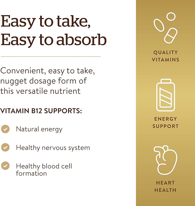 Solgar Vitamin B12 1000 mcg, 250 Nuggets - Supports Production of Energy, Red Blood Cells - Healthy Nervous System - Promotes Cardiovascular Health - Vitamin B - Non-GMO, Gluten Free - 250 Servings