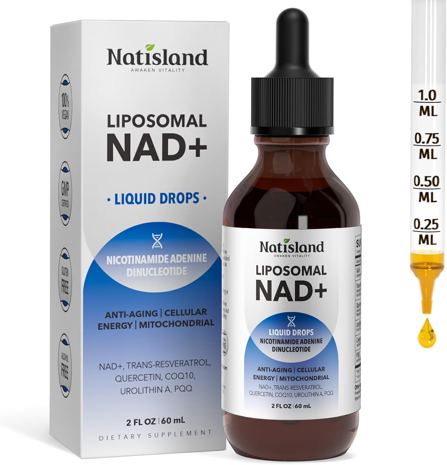 Liposomal NAD Supplement, 1000mg NAD+ Liquid Drops for Women & Men, with Resveratrol, Urolithin A, Quercetin, CoQ10 & PQQ, for Cellular & Metabolism Health, Energy & Anti-Aging, 2 Fl Oz