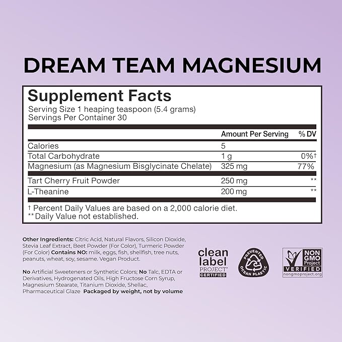 Hum Nutrition Dream Team Magnesium Bisglycinate Powder, L Theanine & Tart Cherry Magnesium Supplement Drink Mix, Support Rest, Relaxation & Sleep Routine, Gluten Free, Vegan, Cherry Lemon, 30 Servings