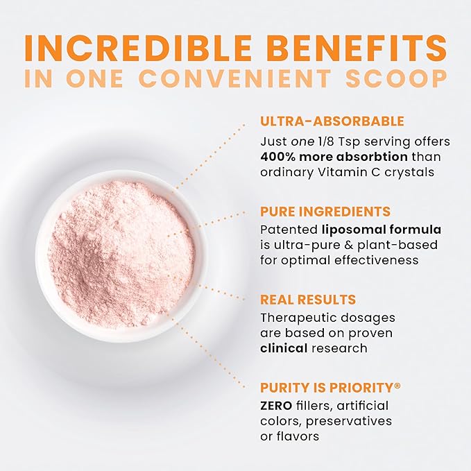 Pure Therapro Rx Liposomal Vitamin C Powder, Patented PureWay Vegan Vitamin C Supplement, Supports Healthy Aging, Immune Function & Collagen Formation, Non-GMO, Made in The USA (66g,120 Servings)