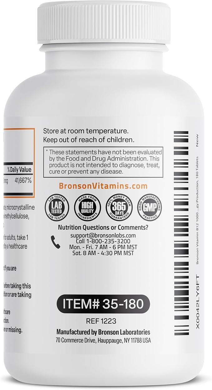 Bronson Vitamin B12 1000 mcg Sustained Release Premium Non GMO Tablets Supports Nervous System, Healthy Brain Function and Energy Production, 180 Tablets
