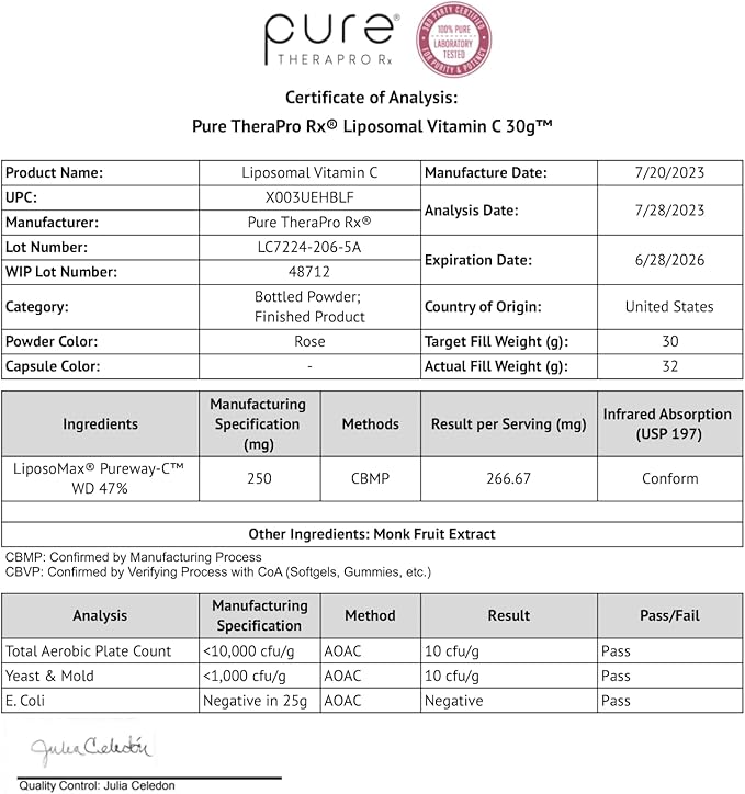 Pure Therapro Rx 100% Liposomal Vitamin C Powder, Patented PureWay Vegan Vitamin C Supplement, Supports Healthy Aging, Immune Function & Collagen Formation, Non-GMO, Made in the USA (30g, 60 Servings)