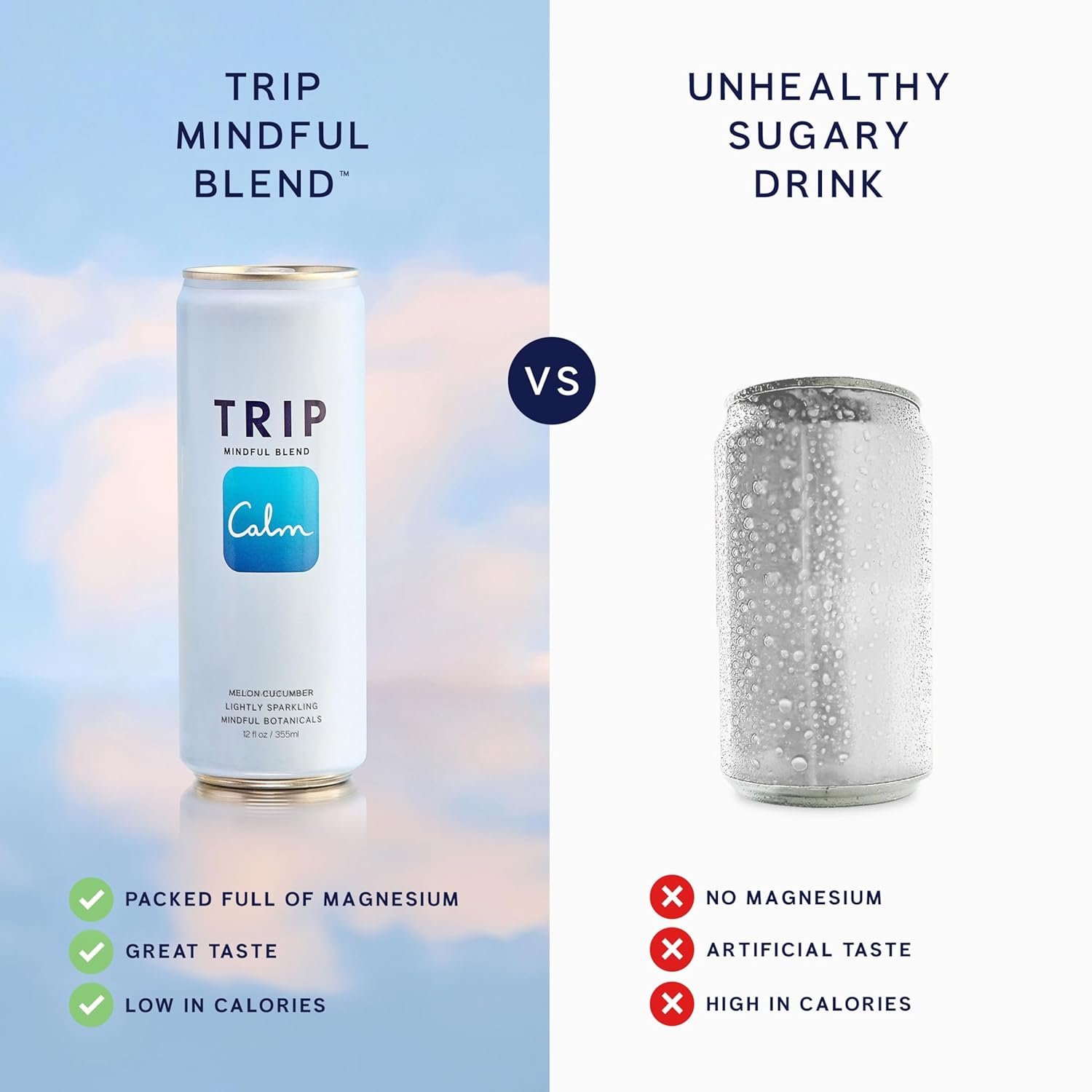 Trip Mindful Blend, Lightly Sparkling Adaptogen Seltzer, Mocktail w/ 120mg Magnesium Citrate with Ashwagandha, Lions Mane & L Theanine, No Added Sugar, Vegan, Melon Cucumber, 12 Oz, 12Pk