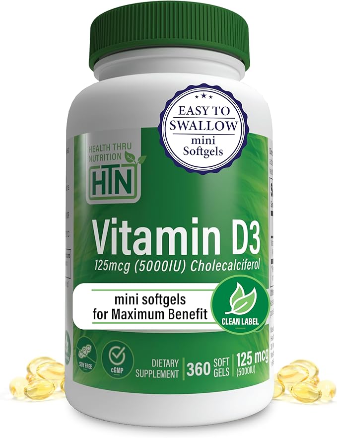 Health Thru Nutrition Vitamin D3 5000iu 360 Mini Softgels for Maximum Benefit Year Supply | 125mcg Cholecalciferol | 3rd Party Tested | Non-GMO USP Grade in Organic EVOO | Immune Health Support