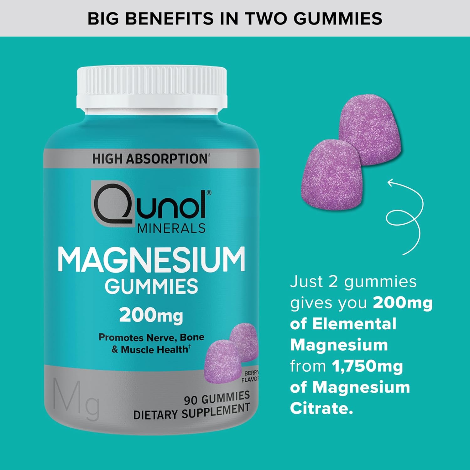 Qunol Magnesium Gummies for Adults, 200mg Elemental Magnesium (from 1,750mg Magnesium Citrate), High Absorption Magnesium Supplement, Supports Nerve, Bone and Muscle Health, Vegetarian, 120 Count