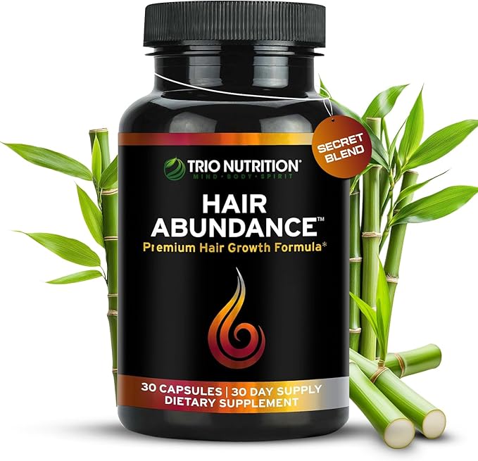TRIO NUTRITION Hair Abundance | Natural Vitamin Supplement for Hair Growth, Strong Nails and Smooth Skin| Boosted with Collagen, Keratin, Zinc & Selenium | Biotin 10000mcg | 30 Day Supply