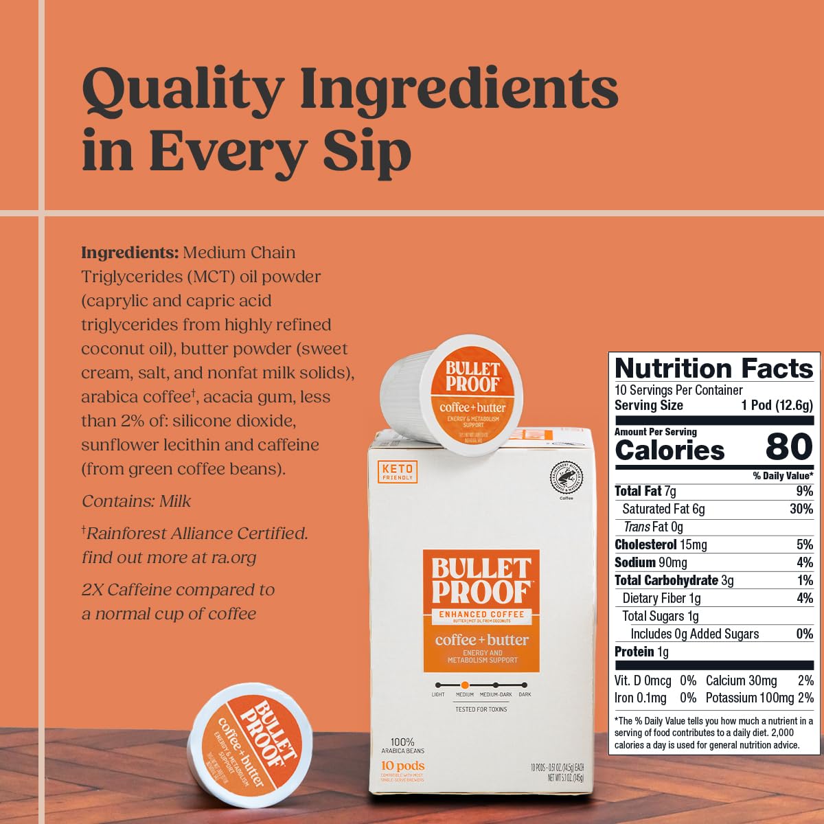 Bulletproof Coffee + Organic Grass-Fed Butter Single-Serve Pods, 10 Count, Keto Coffee, All-in-one Recipe with MCT Oil and Butter, Packaging May Vary