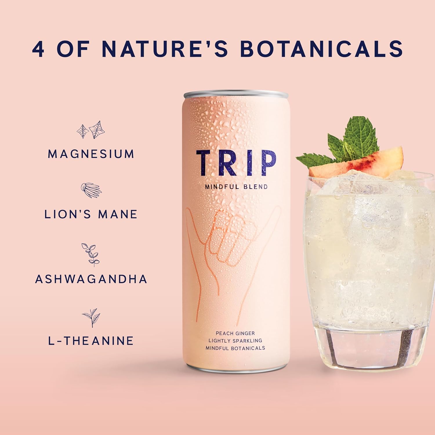 Trip Mindful Blend, Lightly Sparkling Adaptogen Seltzer, Mocktail w/ 120mg Magnesium Citrate with Ashwagandha, Lions Mane & L Theanine, No Added Sugar, Vegan, Peach Ginger, 12 Oz, 12Pk