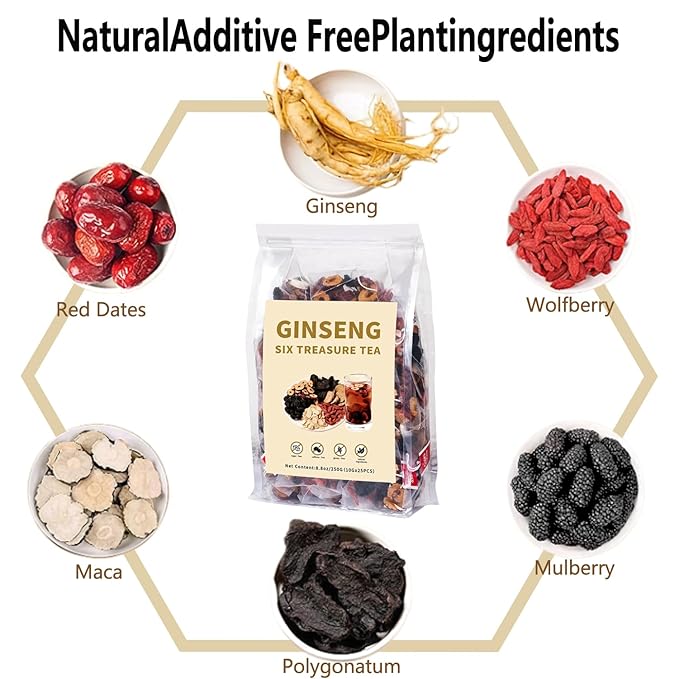 Ginseng Six Treasures Kidney Tea - Traditional Chinese Herbal Tea with Ingredients, Six Precious Herbs Formula (25 Tea Bags)