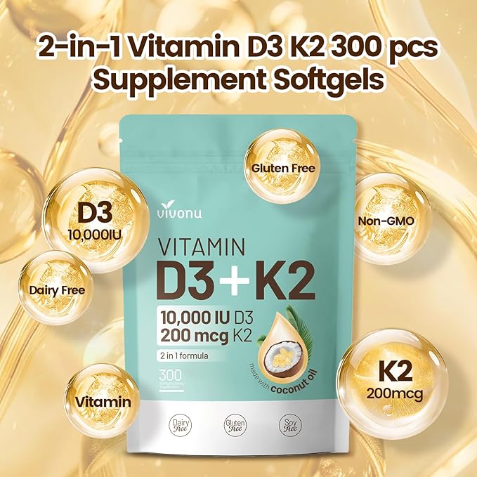 Vitamin D3 10000 iu Plus K2 (MK-7) 200 mcg, 300 Coconut Oil Softgels| 2 in 1 VIT D & K Complex | Supports Calcium Absorption, Bone, Immune, & Heart Health – Easy to Swallow (900 Softgels /3 Bag)