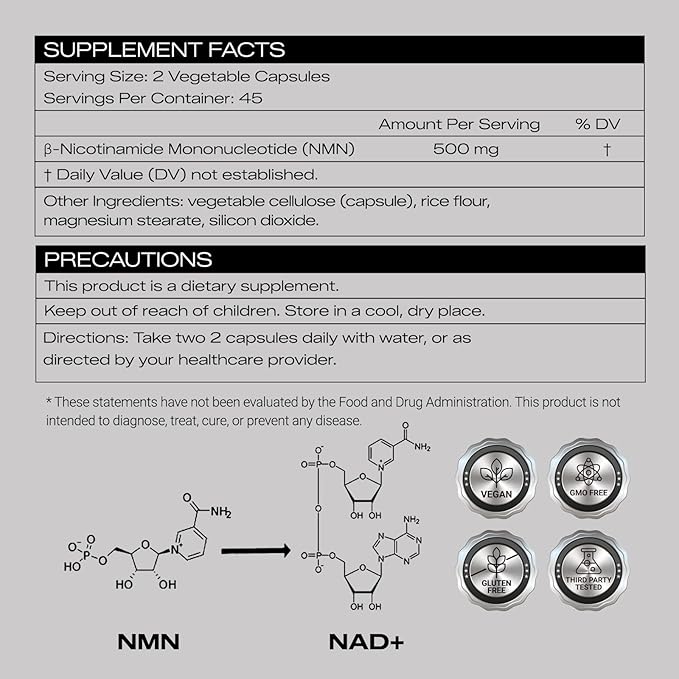 NMN 500mg Supplement -High Purity Nicotinamide Mononucleotide for NAD+,90 Capsules (45-Day Supply)-Made in USA, cGMP Certified,Cellular Energy, Anti-Aging, DNA Repair & Brain Support