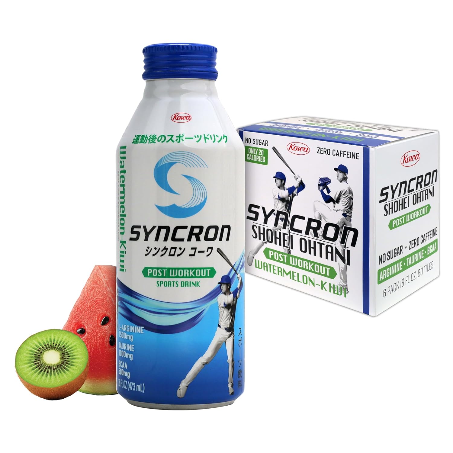 Syncron Post Workout Sports Drink Endorsed by Shohei Ohtani, Sugar Free Electrolyte Hydration, Aluminum Bottled Drink, Taurine, L Arginine & BCAAs for Athletes, Watermelon Kiwi, 6 Pack, 16 oz