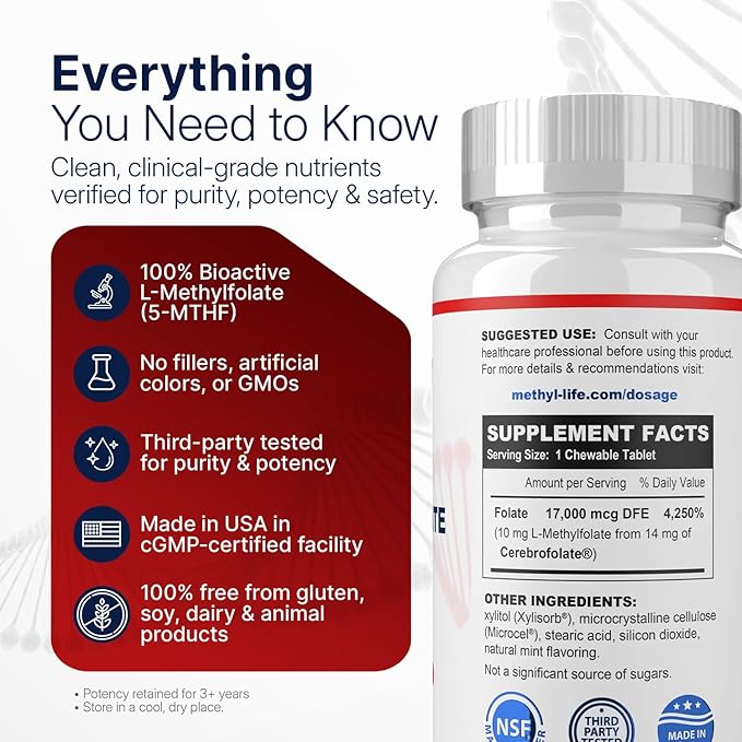 Methyl-Life Purest L-Methylfolate 10 mg Pharmaceutical Grade Professional Strength Active Folate - 3 Months Supply. Chewables. Non-GMO. Gluten Free Methylfolate