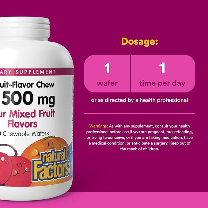 Natural Factors - Vitamin C 500mg, 100% Natural Fruit Chew, Mixed Fruit, 180 Chewable Wafers