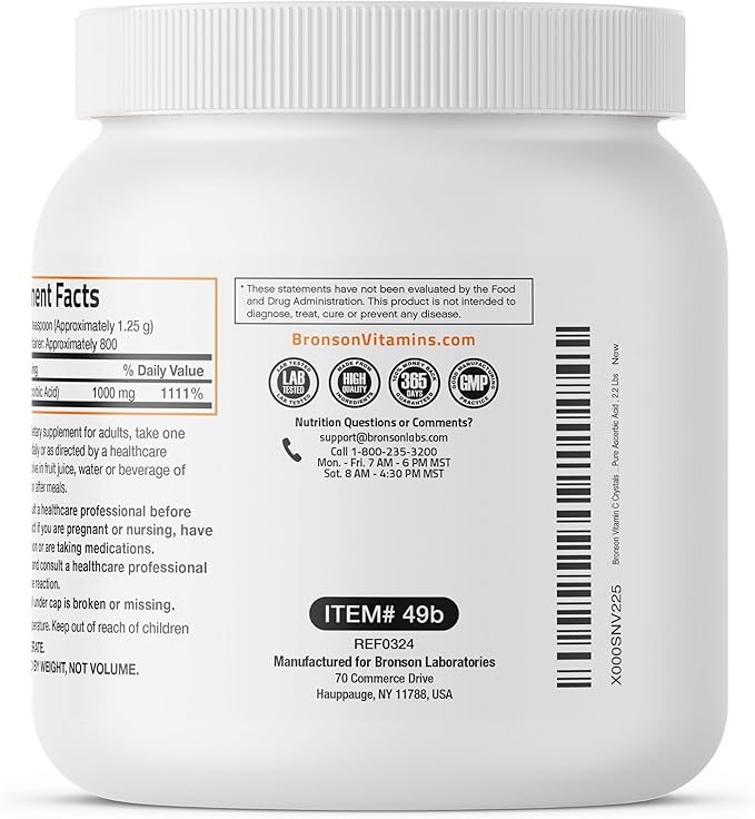 Bronson Vitamin C Powder Pure Ascorbic Acid Soluble Fine Non GMO Crystals – Promotes Healthy Immune System and Cell Protection – Powerful Antioxidant - 1 Kilogram (2.2 Lbs)