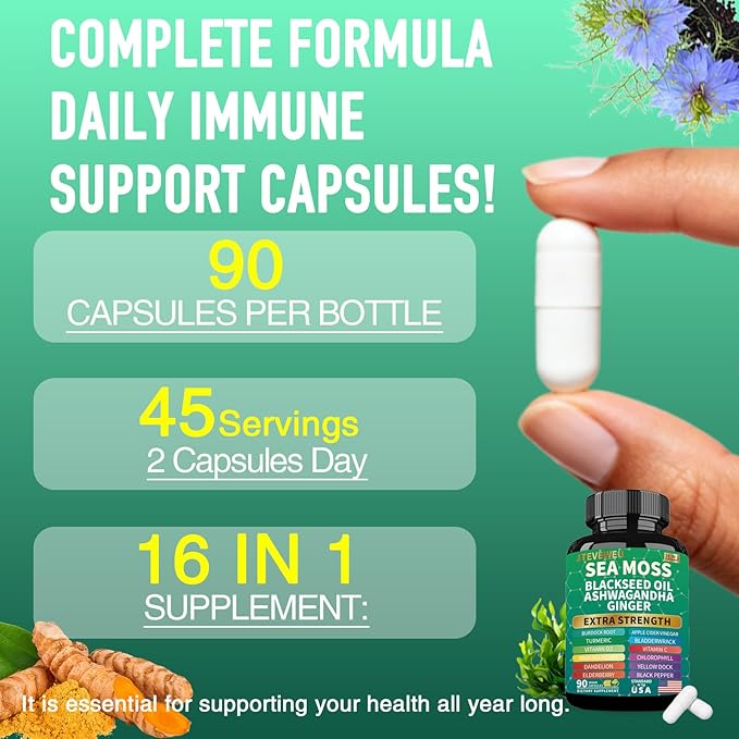 Sea Moss Black Seed Oil Ashwagandha Ginger, Organic Sea Moss Capsules with Burdock Root, Bladderwrack, Advanced Multimineral Supplement（90 Count）