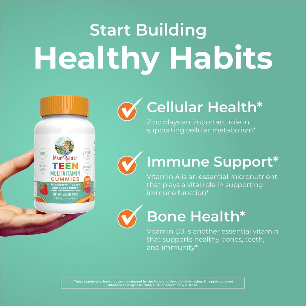 MaryRuth Organics Multivitamin for Teens | Teen Multivitamin Multimineral Gummies with Vitamin B, C, D and E, Biotin, Zinc | Teen Vitamins | Vegan | Sugar Free | Gluten Free | 60 Count