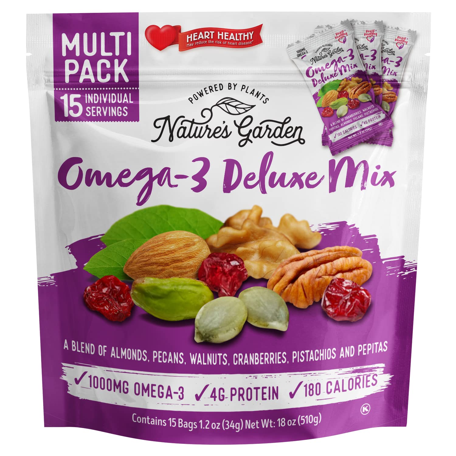 Nature's Garden Omega 3 Deluxe Mix - Trail Mix Nuts, Heart Healthy, Gluten Free, Cholesterol Free, Sodium Free, No Artificial Ingredients - 1.2 oz Bags (15 Individual Servings)