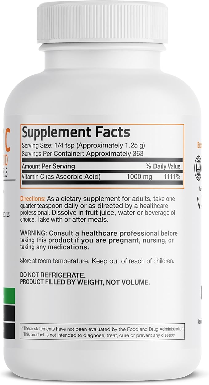 Bronson Vitamin C Powder Pure Ascorbic Acid Soluble Fine Non GMO Crystals – Promotes Healthy Immune System and Cell Protection – Powerful Antioxidant - 1 Pound (16 Ounces)