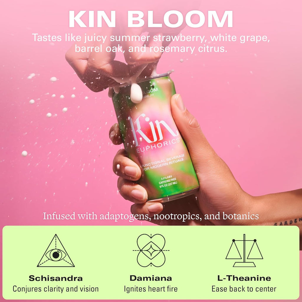 Kin Euphorics Kin Bloom Non-Alcoholic Functional Beverage | All day rosé | Elevate Your Mind & Spirit | Prebiotic | L-Theanine, Schisandra, Damiana | Ready to Drink | 8 Fl Oz (8pk)
