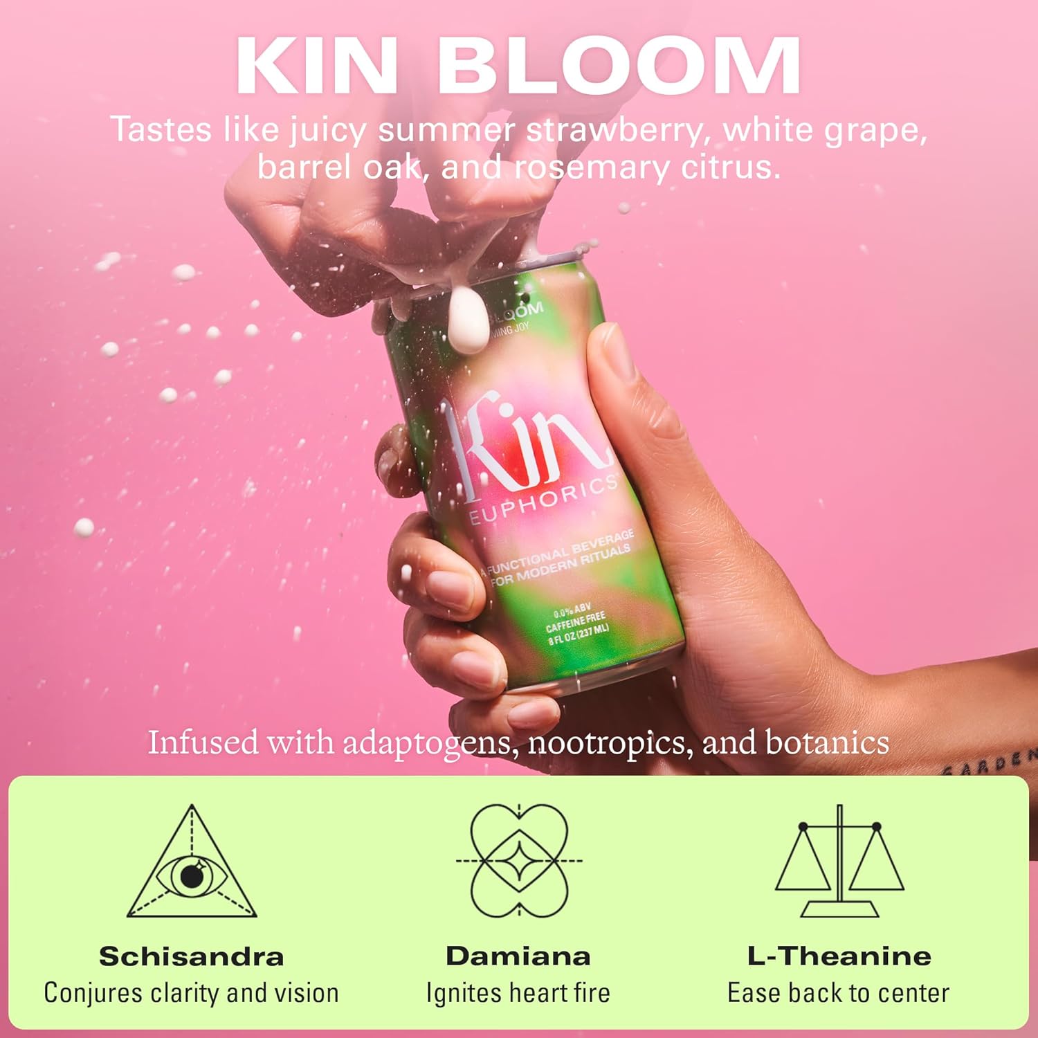 Kin Euphorics Kin Bloom Non-Alcoholic Functional Beverage | All day rosé | Elevate Your Mind & Spirit | Prebiotic | L-Theanine, Schisandra, Damiana | Ready to Drink | 8 Fl Oz (8pk)