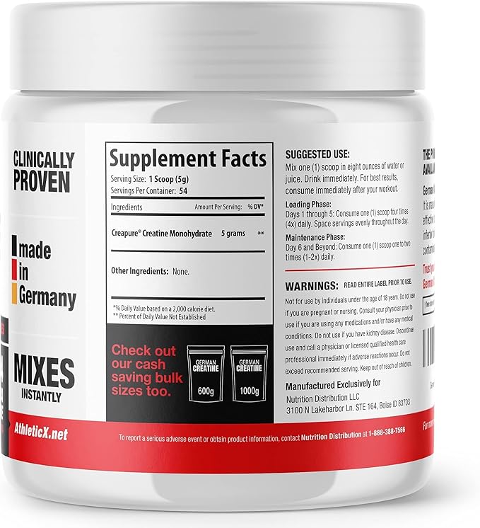 German Creatine - Micronized Creatine Monohydrate Powder, 99.99% Pure Creapure for Muscle Growth, Strength & Performance, Supports Muscle Recovery, 3rd Party Tested, Unflavored - 270g (54 Servings)