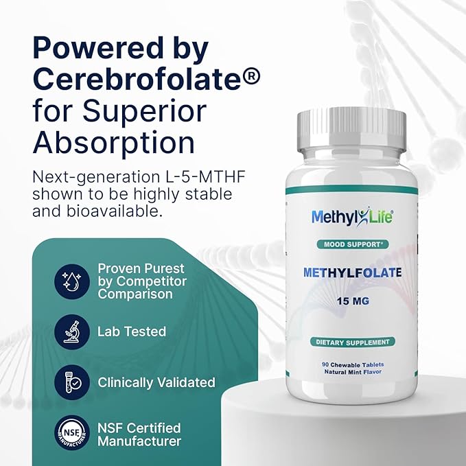 Methyl-Life® L-Methylfolate 15 mg for Women & Men – Active Folate Supplement with ultrapure Cerebrofolate® (L-5-MTHF Calcium) – High Bioavailability B9 Support – Tasty Chewable Tablets | 90 Count