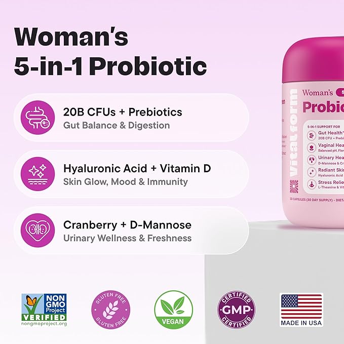 Women’s Probiotic 20 Billion CFU – 5-in-1 Daily Support for Digestive, Vaginal & Urinary Health – with Cranberry, D-Mannose, Prebiotics & Hyaluronic Acid – 30 Capsules