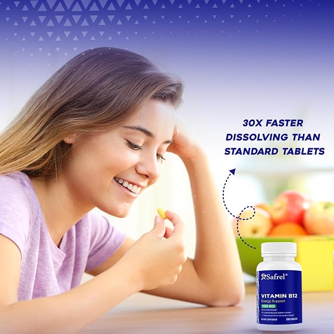Safrel Vitamin B12 5000 mcg per Tablet, 200 Days Supply, Supplement for Energy, Metabolism and Nervous System Health Support, Vegan, Gluten Free and Dye Free | Made in USA