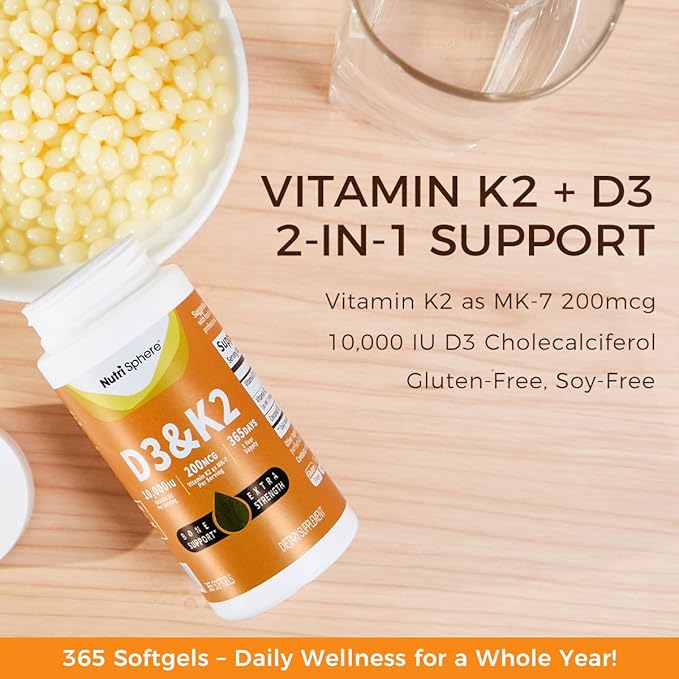 NutriSphere Vitamin D3 & K2 (MK-7) - 10,000 IU + 200 mcg Supplement D&K, Easy to Swallow, Supports Calcium Absorption - 365 Softgels (1 Year Supply)