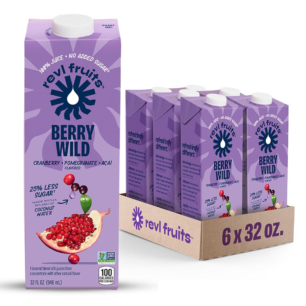 Revl Fruits™ 100% Juice, No Added Sugar, Cranberry Pomegranate Acai, Berry Wild, 32 fl oz. Carton (Pack of 6)
