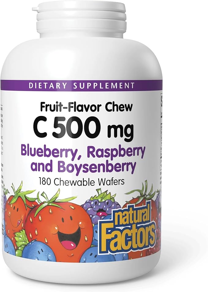 Natural Factors Kids Chewable Vitamin C 500 mg, Supports Immune Health, Bones, Teeth and Gums, Blueberry, Raspberry and Boysenberry, 180 Wafers