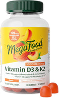 MegaFood Vitamin D3 K2 Gummies - Vitamin D 5000 IU for Bone & Immune Health Plus Support for Optimal Calcium Absorption - Peach Flavor, Pectin Based - 60 Vegetarian D3 and K2 Supplements, 30 Servings