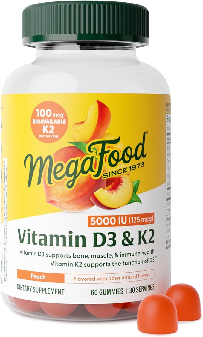 MegaFood Vitamin D3 K2 Gummies - Vitamin D 5000 IU for Bone & Immune Health Plus Support for Optimal Calcium Absorption - Peach Flavor, Pectin Based - 60 Vegetarian D3 and K2 Supplements, 30 Servings