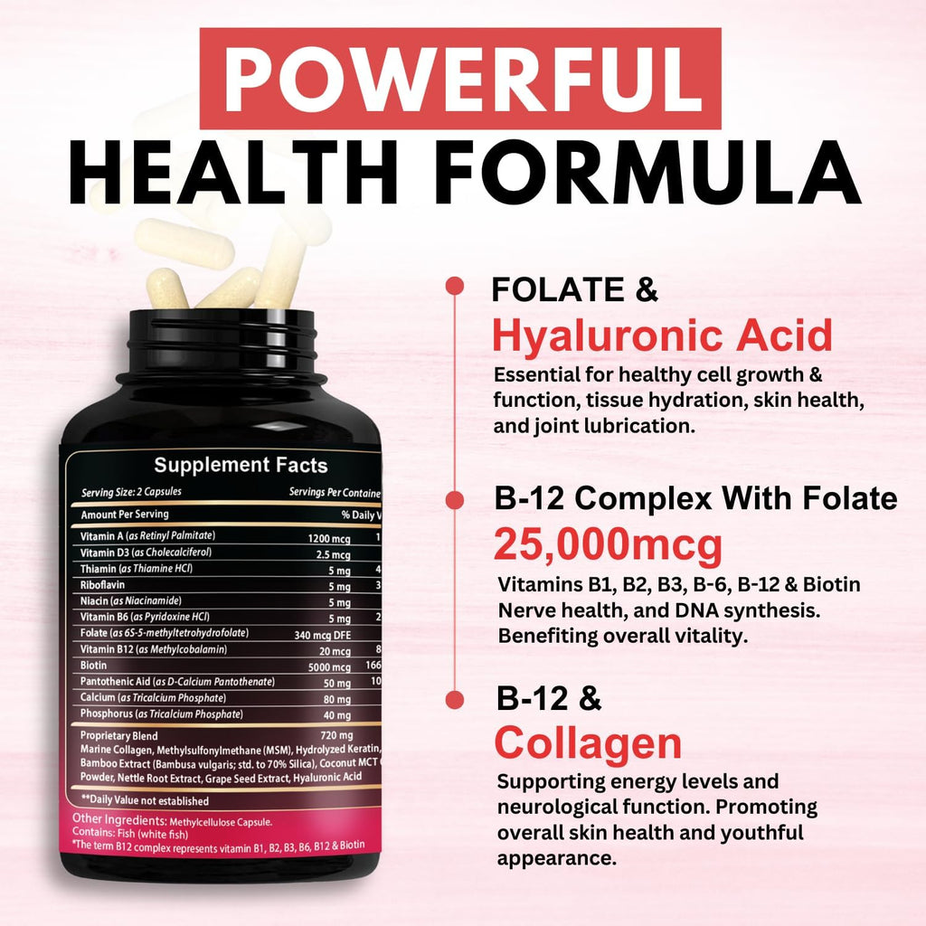 B12 Methylcobalamin with Hyaluronic Acid, Collagen, and Folate – 25000 mcg Supplement Enhance Absorption & Boost Energy | Gluten-Free, Made in USA, B1, B2, B3, B6, B7 Complex - Pack of 2