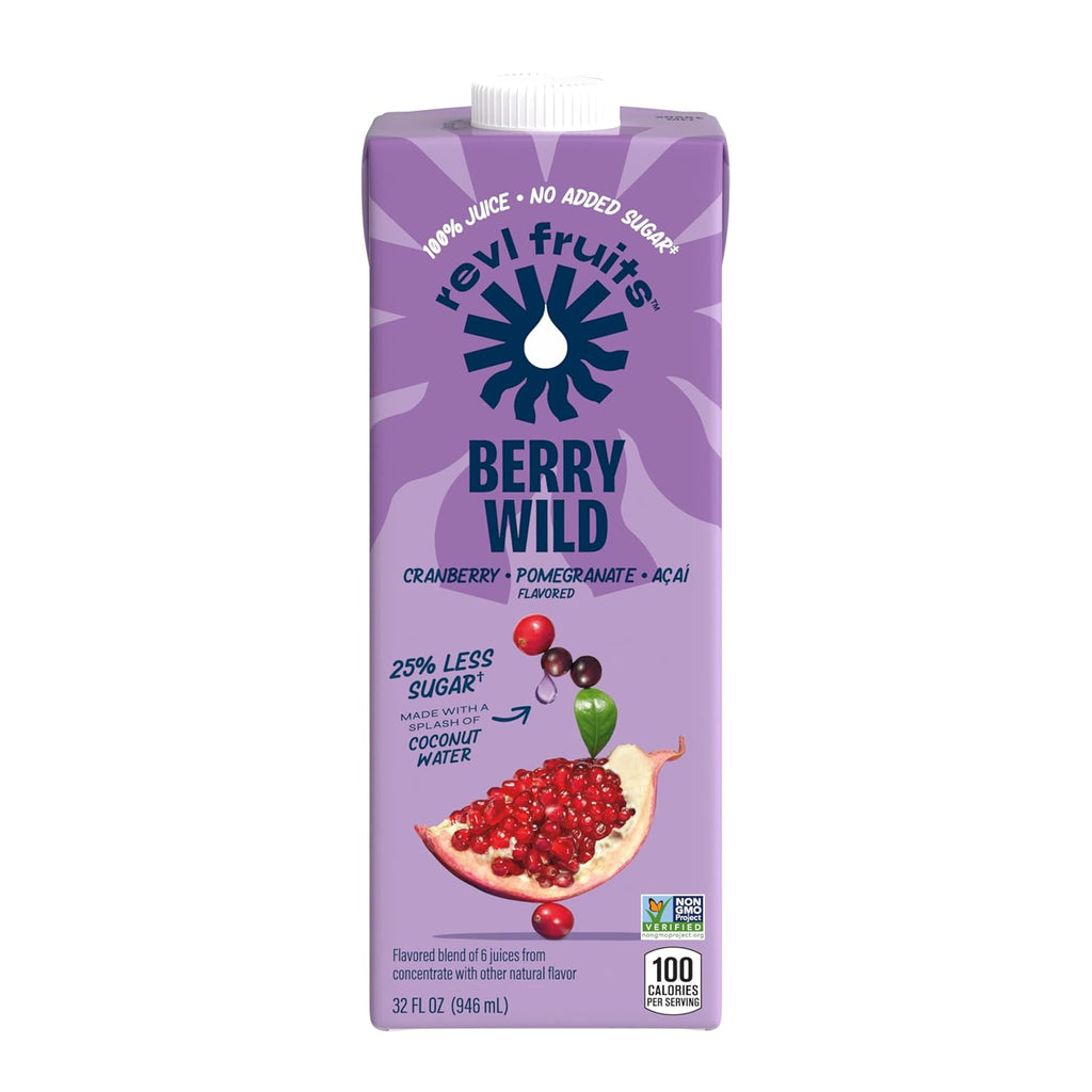 Revl Fruits 100% Juice, No Added Sugar, Cranberry Pomegranate Açai, Berry Wild, 32 fl oz. Carton