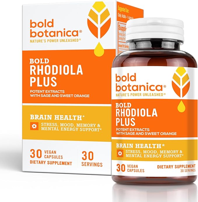 Bold Rhodiola Plus- Siberian Rhodiola Rosea Extract- 3% Rosavins, 1% Salidroside- Adaptogen Supplement for Stress, Memory, Focus, & Energy Support- 30 Vegan Capsules