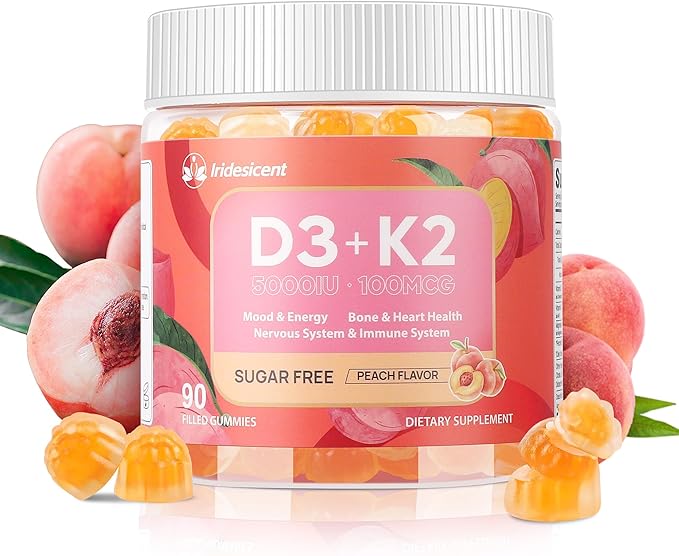 Vitamin D3 K2 Gummies w/Magnesium Sugar Free - 90 Count | D3 Vitamin 5,000 IU + K2(MK-7) 100 mcg - Vegan K2 D3 Vitamin Supplement, Highly Absorbent Supports Bone, Muscle, Mood & Immune(Peach Flavor)
