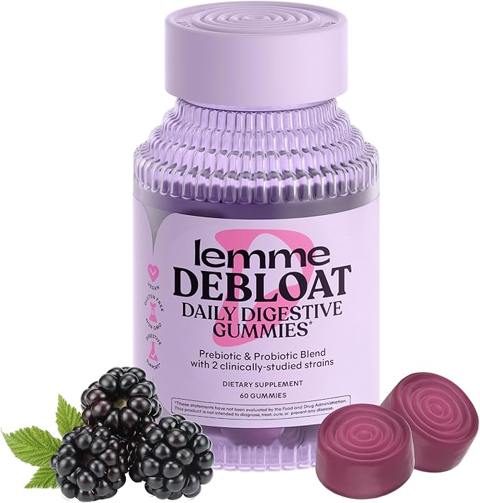 Lemme Debloat - Digestive & Gut Health Gummies with 2 Clinically Studied Probiotics & Prebiotic, Vegetarian, Gluten Free, Non GMO, BlackBerry Flavor (60 Count)