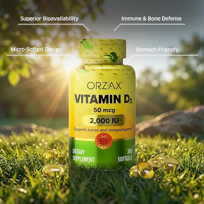 ORZAX Vitamin D3 2000 iu (50 mcg) – Non-GMO, Gluten Free, Sugar Free, Dairy Free – 1 Year Supply for Strong Muscle Function and Immune Support – Mood Supplement for Wellness (360 Softgel)