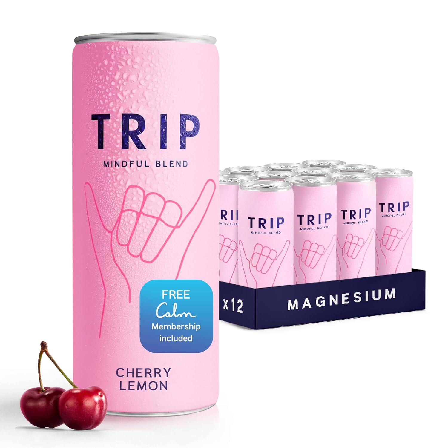 Trip Mindful Blend, Lightly Sparkling Adaptogen Seltzer, Mocktail w/ 120mg Magnesium Citrate with Ashwagandha, Lions Mane & L Theanine, No Added Sugar, Vegan, Cherry Lemon, 12 Oz, 12Pk