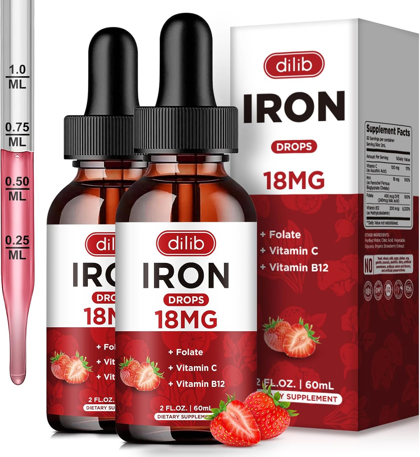 (2 Pack) Liquid Iron Supplement for Women & Men Iron Drops Iron Supplements for Anemia with Folate, Vitamin C, B12 for Red Blood Cell Support-Strawberry, 4 Fl Oz