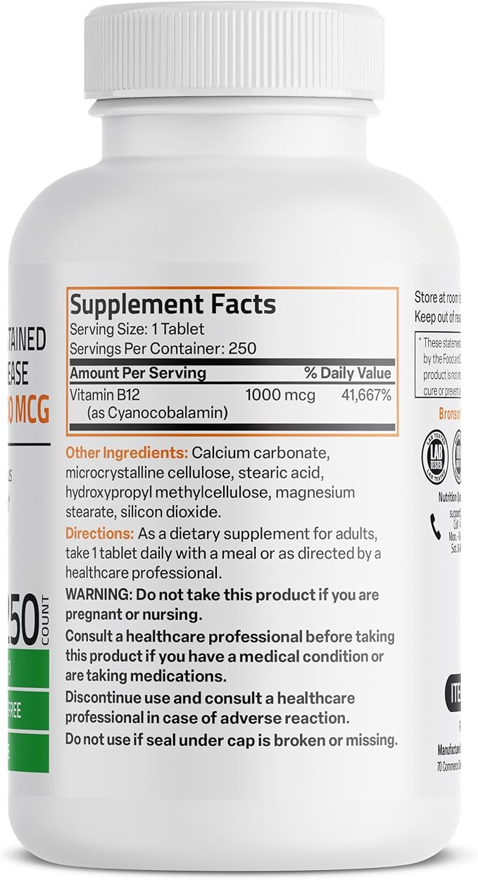 Bronson Vitamin B12 1000 mcg Sustained Release Premium Non GMO Tablets Supports Nervous System, Healthy Brain Function and Energy Production, 250 Count
