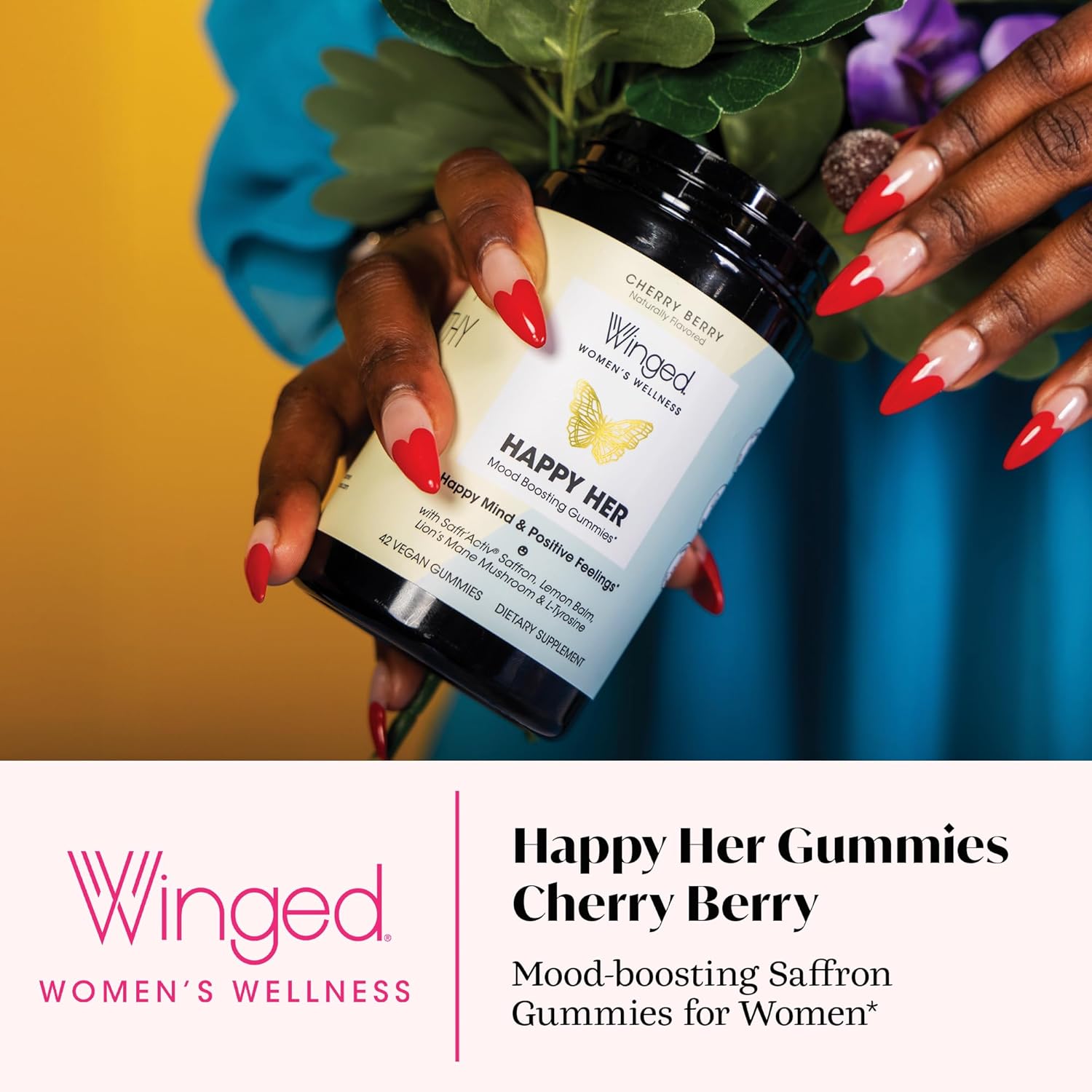 Winged Wellness Happy Her Mood Gummies - Daily Mood Enhancer Support Supplement for Women - Vitamin D with Saffron, Lemon Balm, & Lions Mane Mushrooms for Balance & Calming Relief - 50 Vegan Gummies