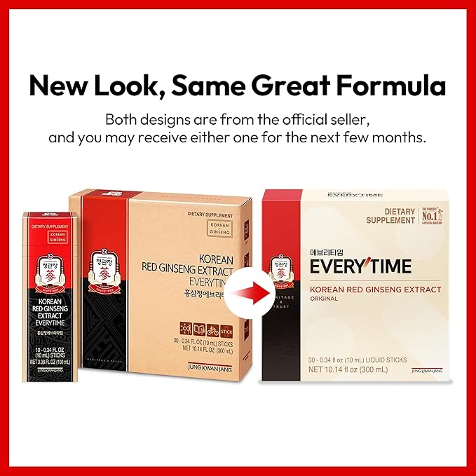 JUNG KWAN JANG Everytime Korean Red Ginseng Extract Stick 3,000mg Original - Adaptogen Energy Drink Liquid Stick Supplements - Energy Boost & Immune Support, Caffeine Free (30 Sticks)